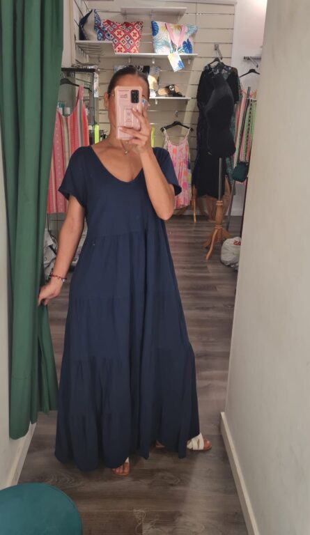 vestido escotev manga corta azul