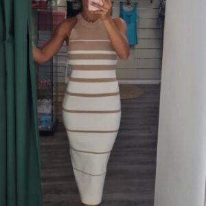 vestido punto rayas beige