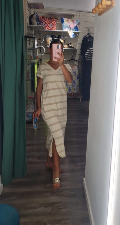 vestido raya camel