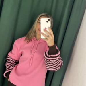 sudadera rosa mangas raya marron