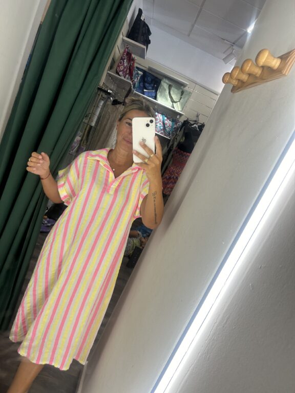 vestido rayas camisero fucsia y amarillo