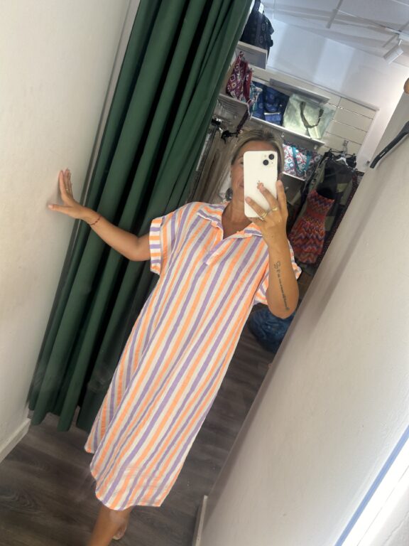 vestido camisero rayas lila y naranja