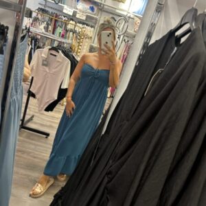 vestido palabra honor azul azafata