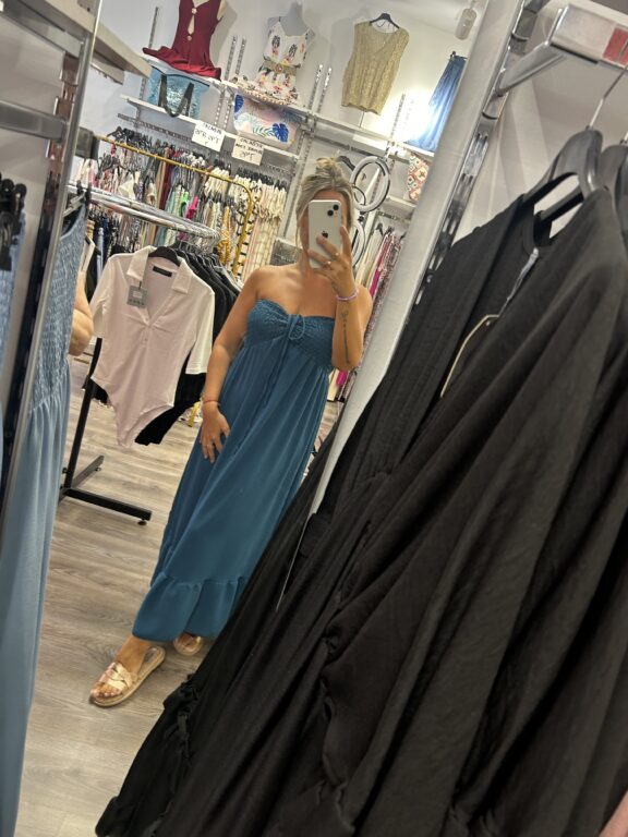 vestido palabra honor azul azafata