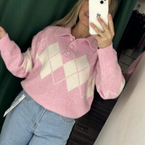 Jersey polero rosa rombo blanco