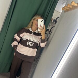 sudadera rayas marron y rosa