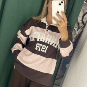 sudadera rayas marron y rosa
