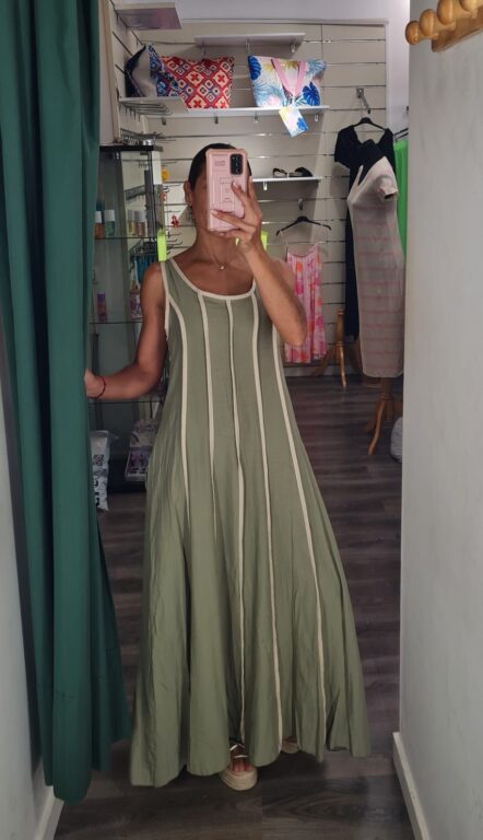 vestido verde raya beige
