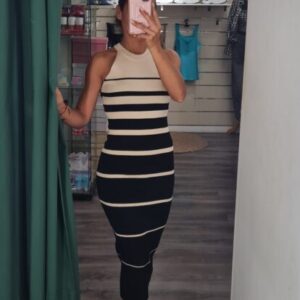 vestido punto negro rayas beige